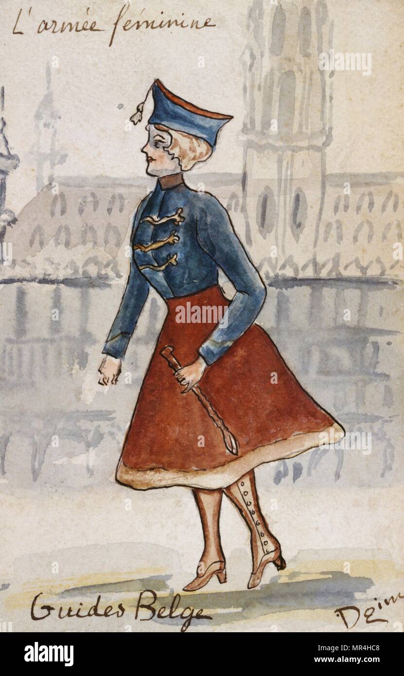 Francese art nouveau satirising cartolina donne in uniforme militare 1900: belga della cavalleria Foto Stock