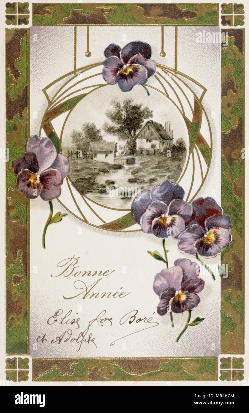 Il francese anno nuovo cartolina raffigurante un cottage impostato tra fiori 1900 Foto Stock