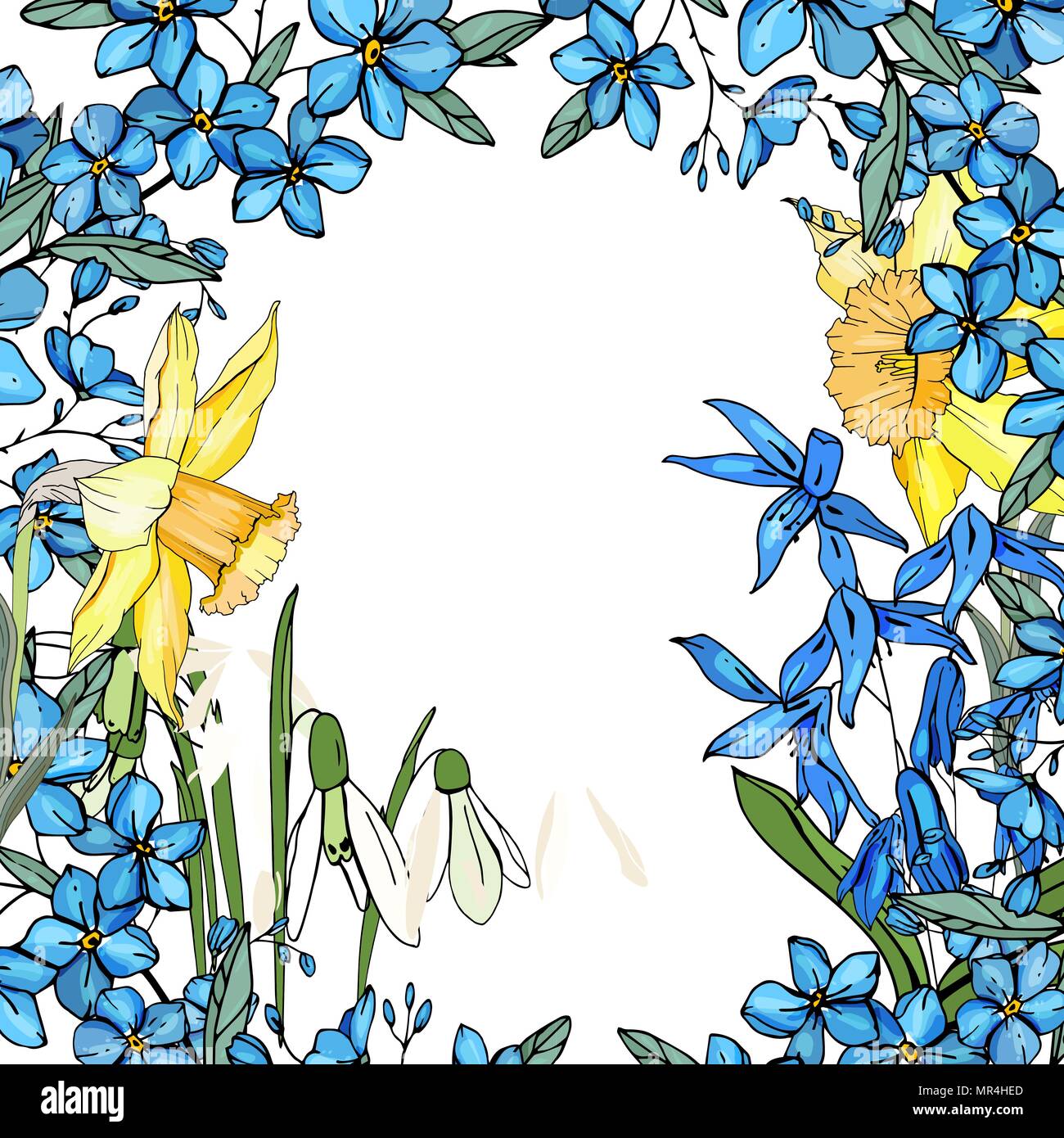 Telaio con fiori di primavera narcisi e e piccoli fiori blu. Illustrazione Vettoriale