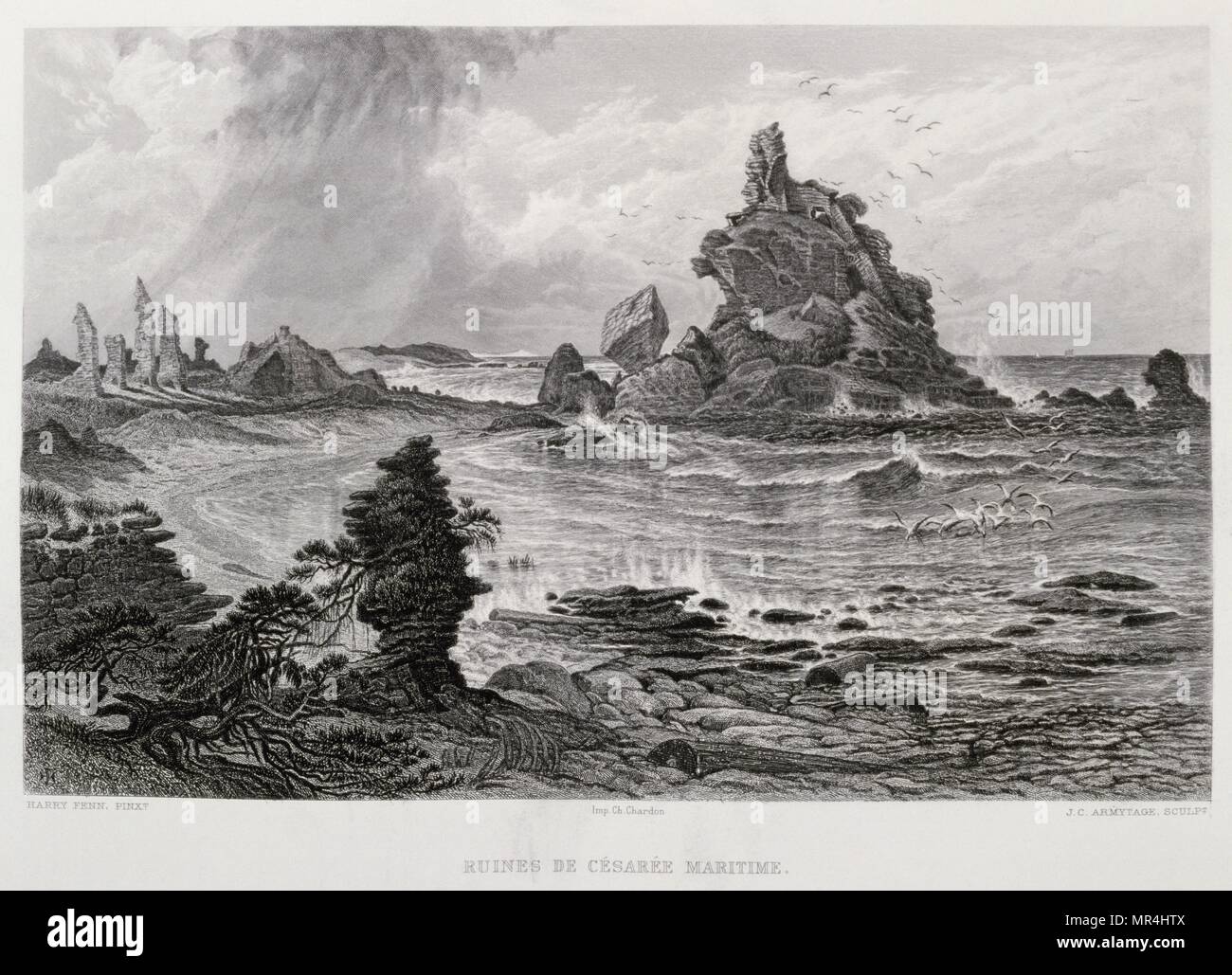 1875 incisione, da Victor Guerin (1821 - 1891), raffigurante rovine a Cesarea Maritimahe in Palestina. Costruito da Erode il Grande circa 25 - 13 B.C.E una città portuale Foto Stock
