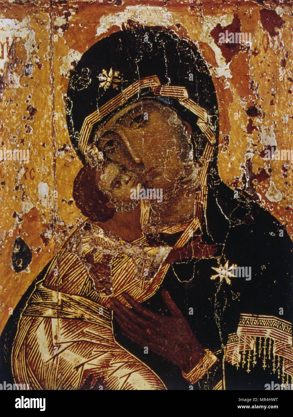 La Madonna di Vladimir icona, dipinta a Costantinopoli (bizantina ortodossa orientale) della Vergine Maria e Gesù Bambino. Russo. Xii secolo Foto Stock