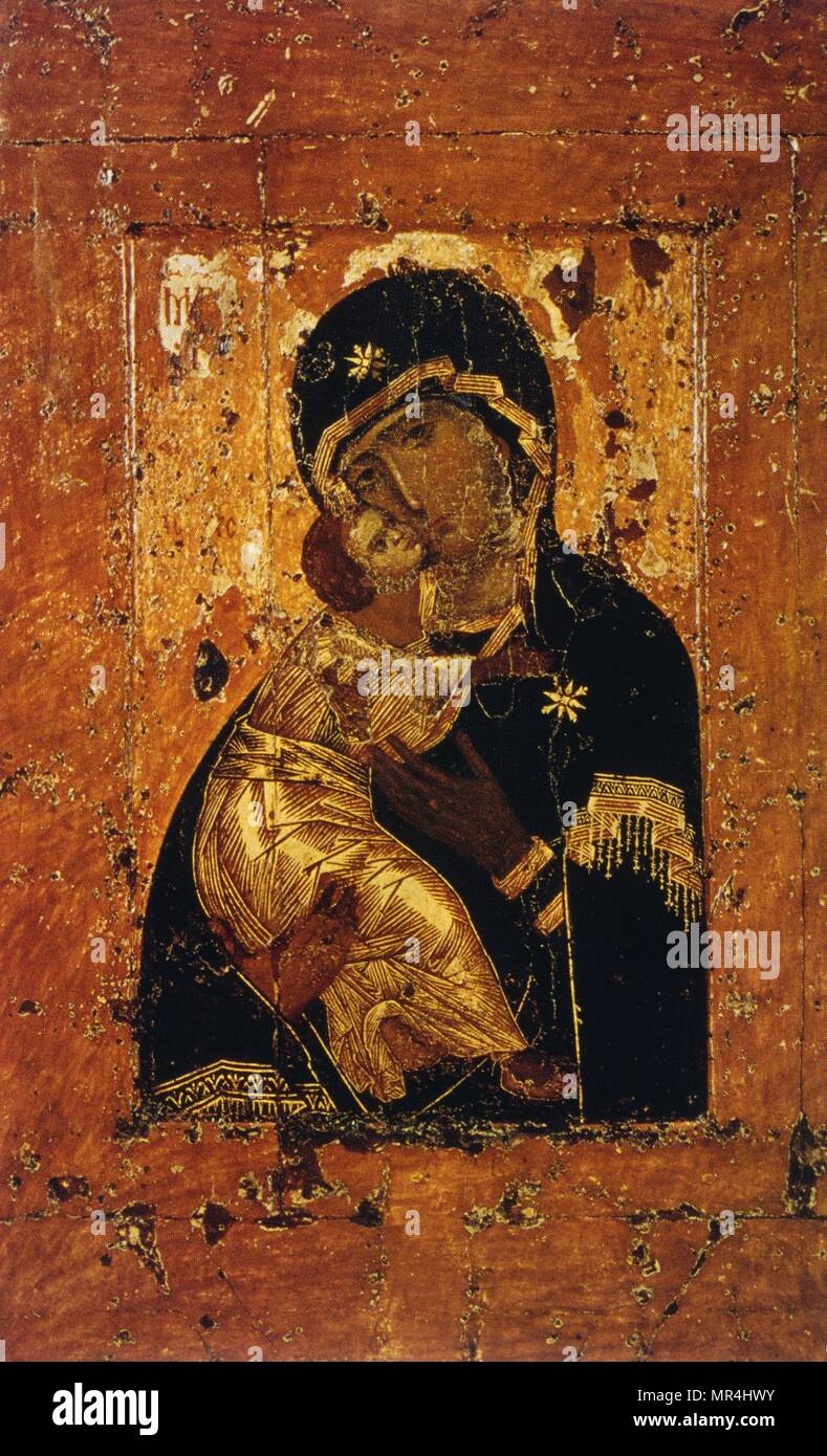 Xii secolo la Madonna di Vladimir icona, dipinta a Costantinopoli (bizantina ortodossa orientale) della Vergine Maria e Gesù Bambino. Russo Foto Stock