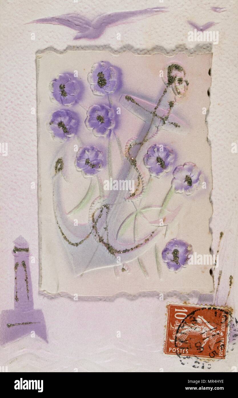 Vintage francese cartolina illustrata con fiori viola. 1905 Foto Stock