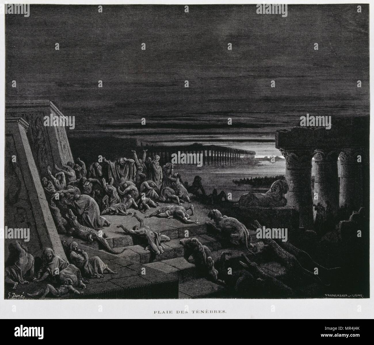 Incisione di Gustave Dore (1832-1883): la nona piaga: tenebre (Ex. 10:21-23). Biblica questo antico testamento peste fu visitato su Egitto come Mosè aveva chiesto la liberazione del popolo ebraico Foto Stock