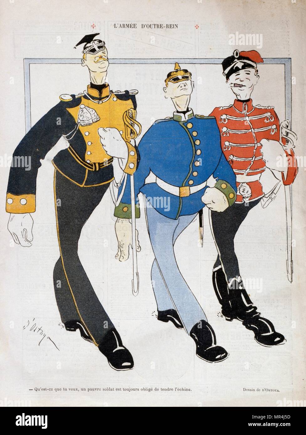 Satirico francese caricatura illustrazione raffigurante arrogante preening ufficiali tedeschi 1908 Foto Stock