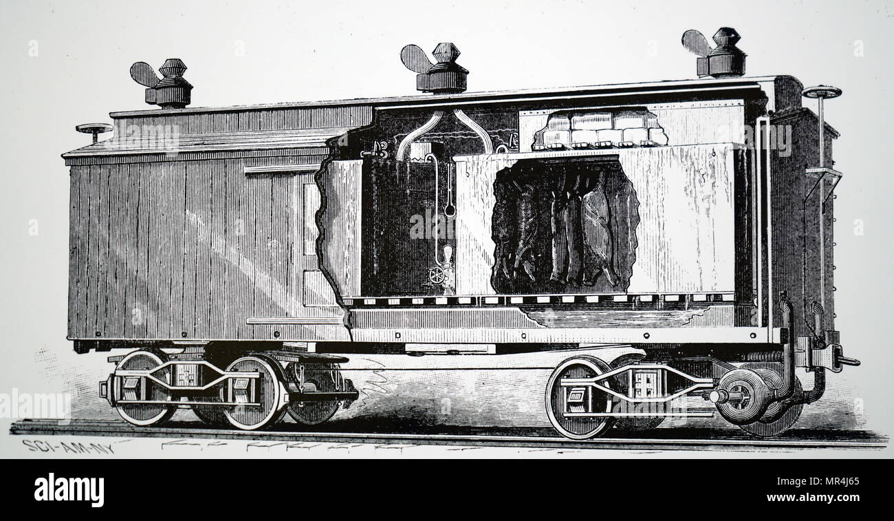Illustrazione raffigurante un refrigerante di vagoni ferroviari brevettato da Henry Tallichet di Austin, Texas. Datata del XIX secolo Foto Stock