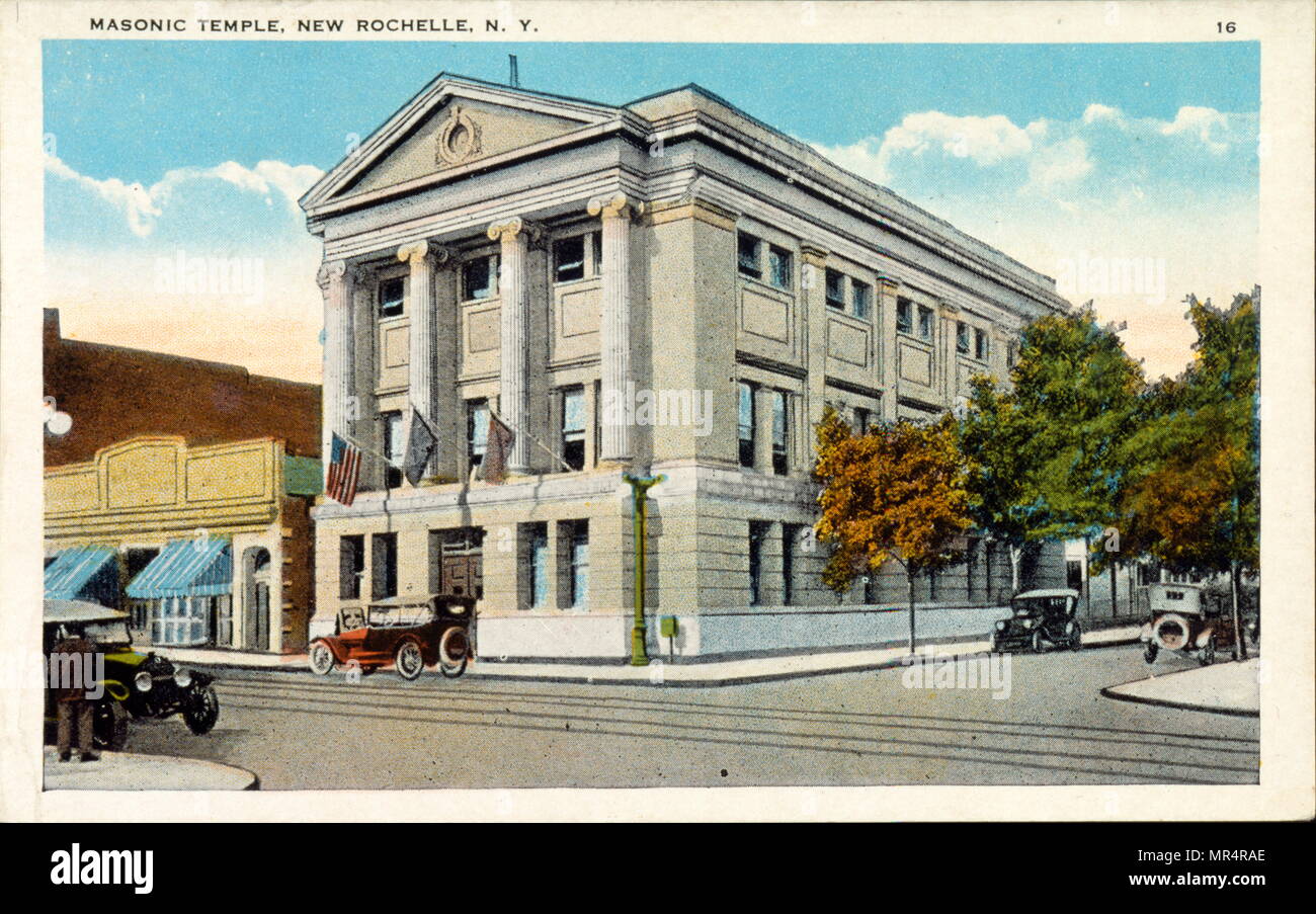 Tempio massonico a New Rochelle, New York, Stati Uniti d'America. Cartolina circa 1920 Foto Stock