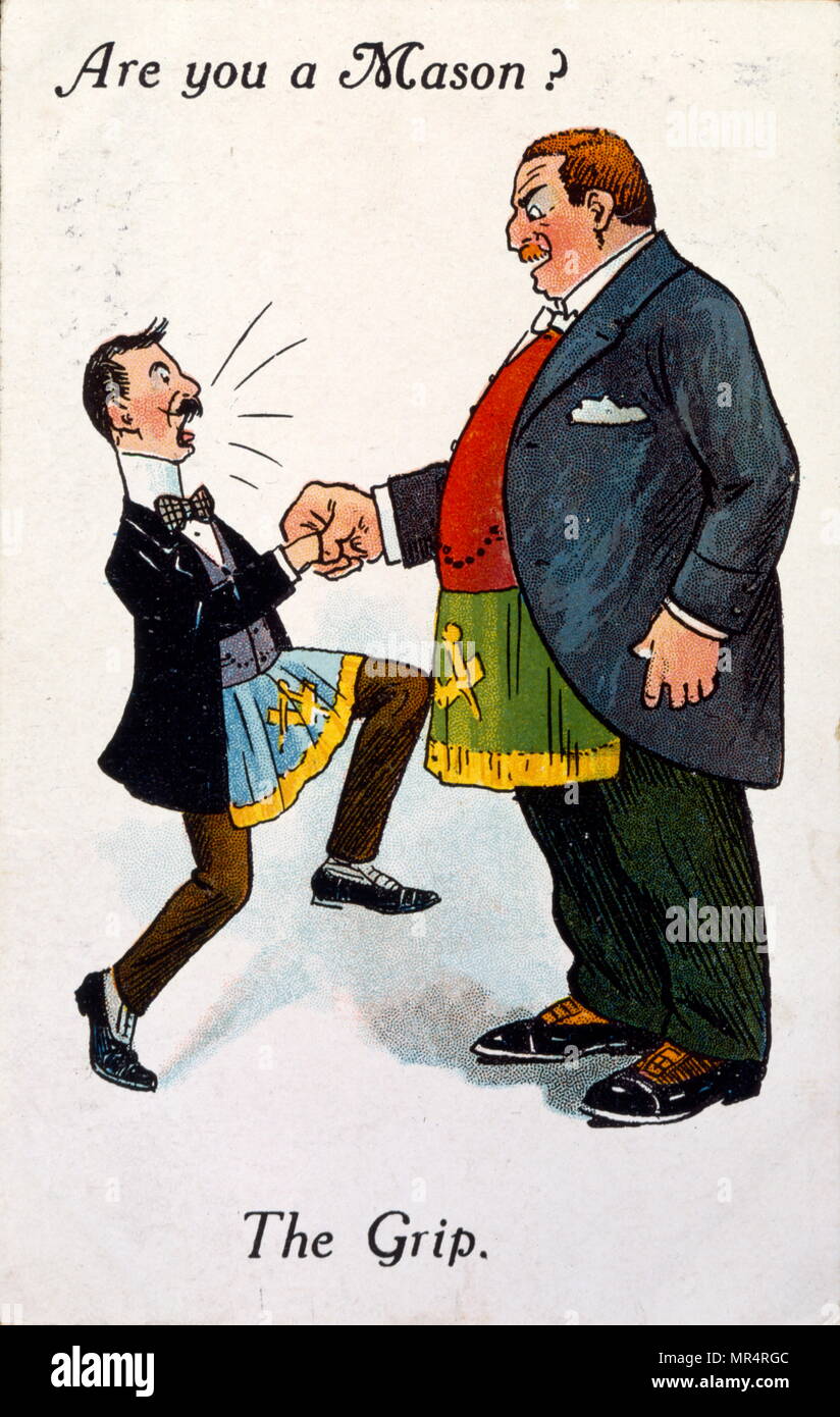 Muratori dando una password e una stretta di mano; card pubblicato da un britannico Ordine massonico che mostra due massoni saluto ogni altro. 1905 Foto Stock