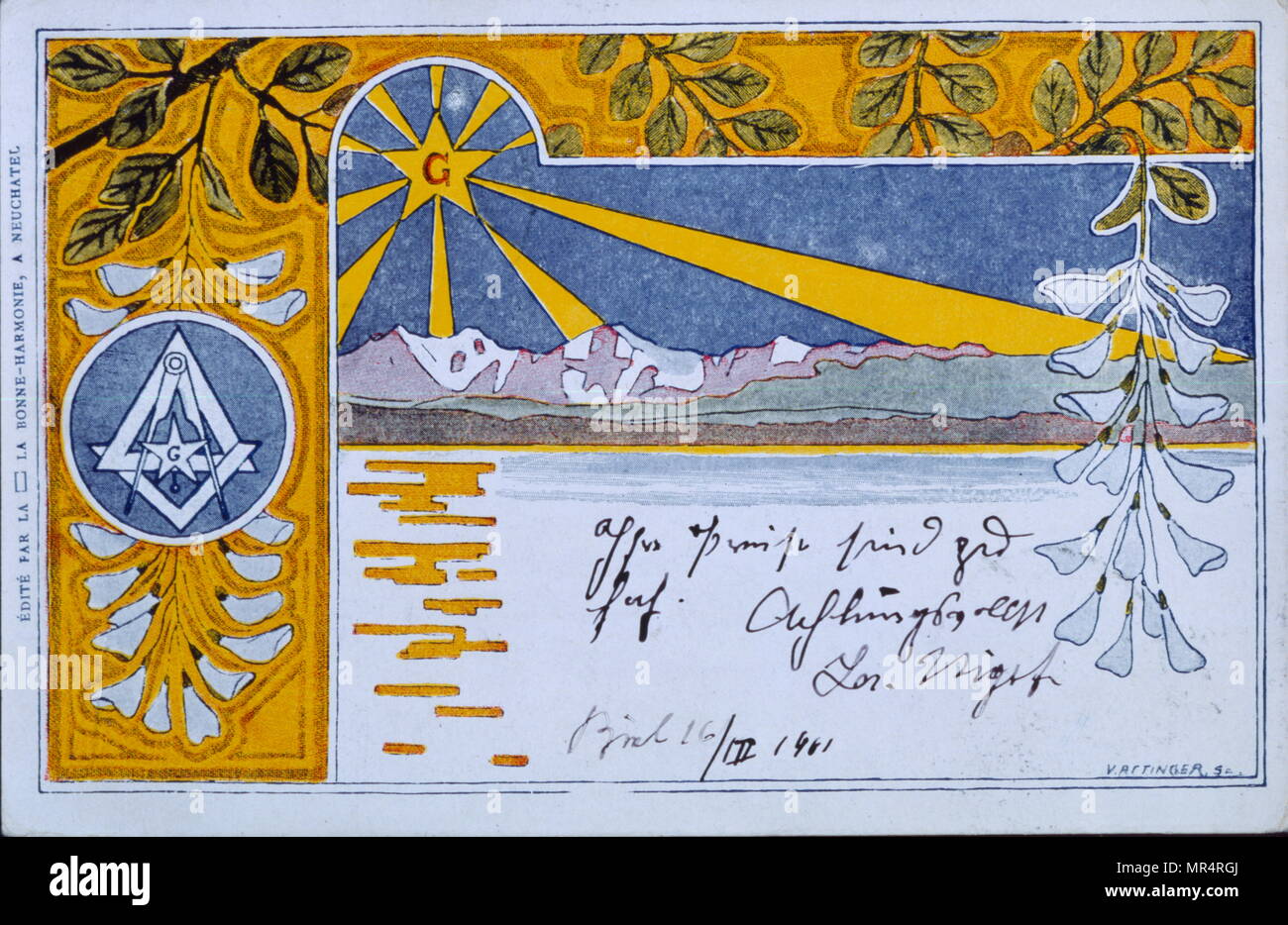 Swiss, cartolina con una figura allegorica raffigurante la Massoneria in Svizzera 1901 Foto Stock
