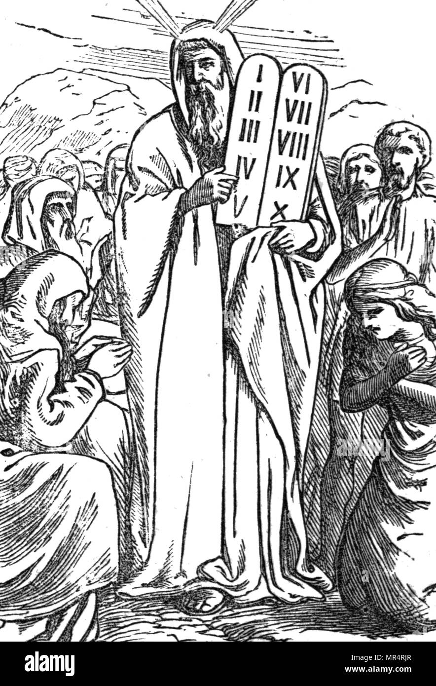 Incisione raffigurante Mosè portando i Dieci Comandamenti per gli ebrei. Datata del XIX secolo Foto Stock