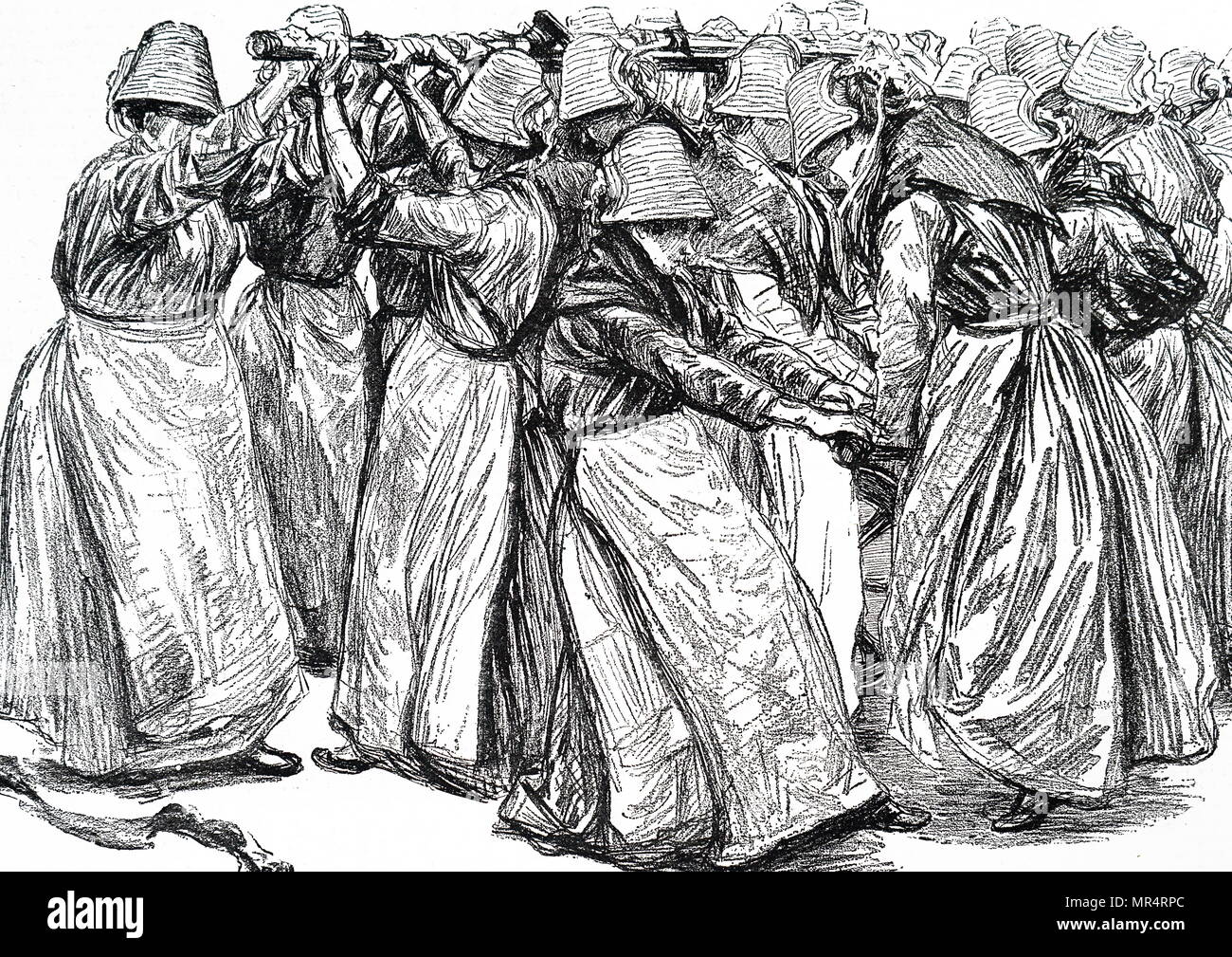 Illustrazione raffigurante prigionieri femmina lavorare la pompa durante un drill incendio al Fulham rifugio. Datata del XIX secolo Foto Stock