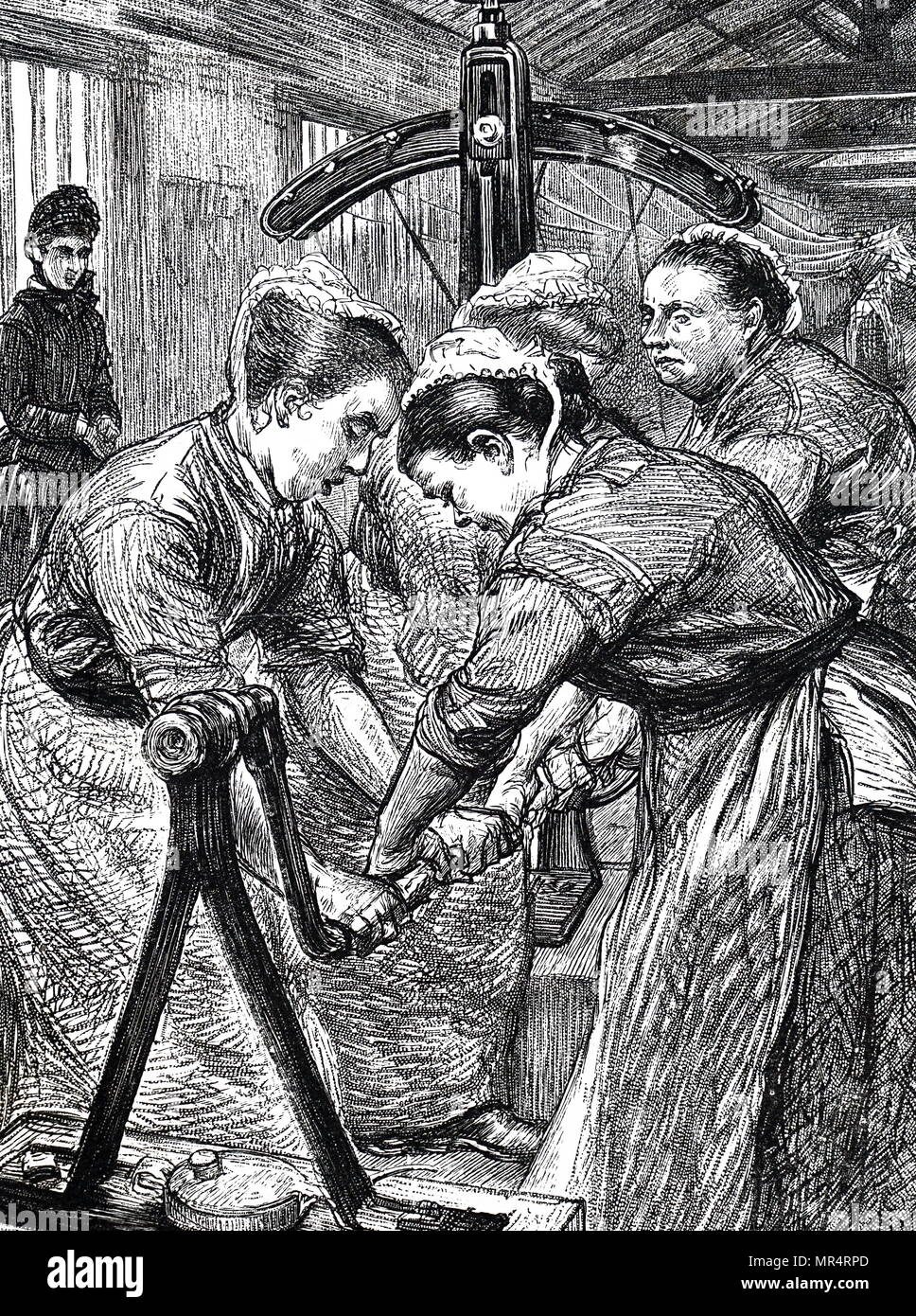 Incisione raffigurante prigionieri femmina a lavorare nella lavanderia del Fulham rifugio. Datata del XIX secolo Foto Stock