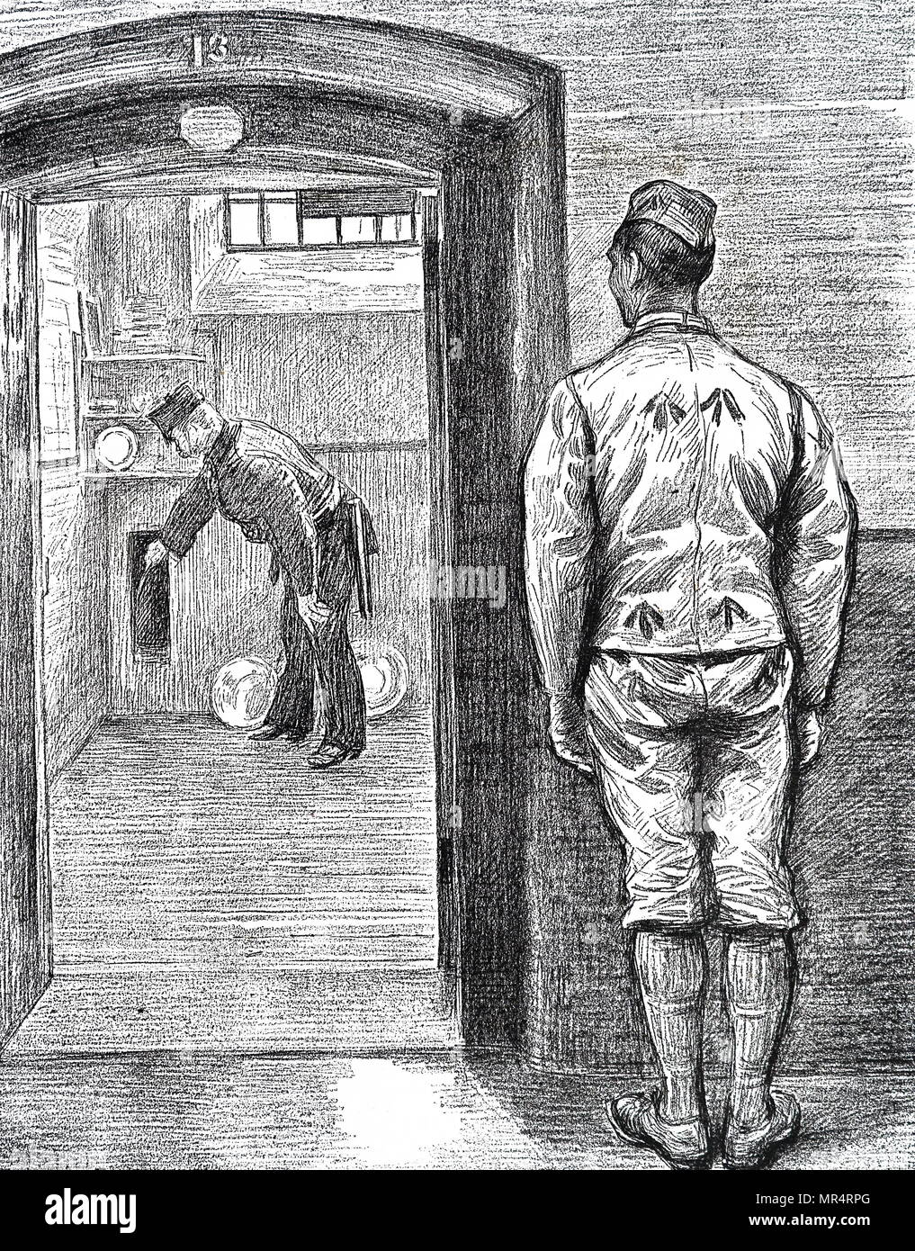 Incisione raffigurante un operaio, al carcere HM Assenzio Scrubs, ispezione di una cella prima di bloccare un prigioniero per la notte. Datata del XIX secolo Foto Stock