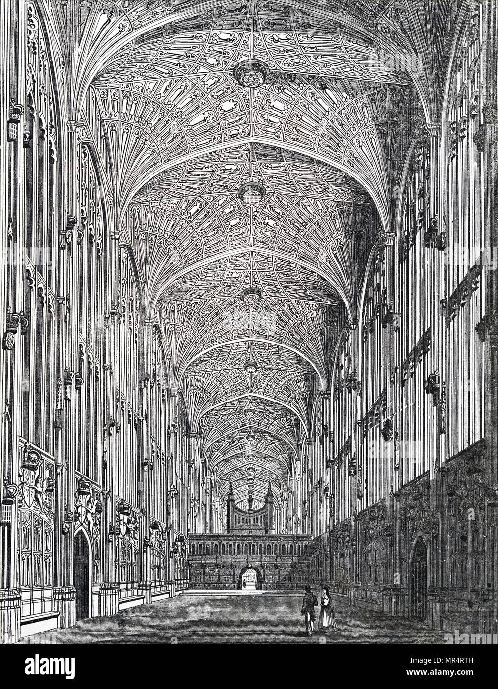 Incisione raffigurante l'interno della Cappella del King's College di Cambridge, mostrando il ventilatore soffitto con soffitto a volta. Datata del XIX secolo Foto Stock
