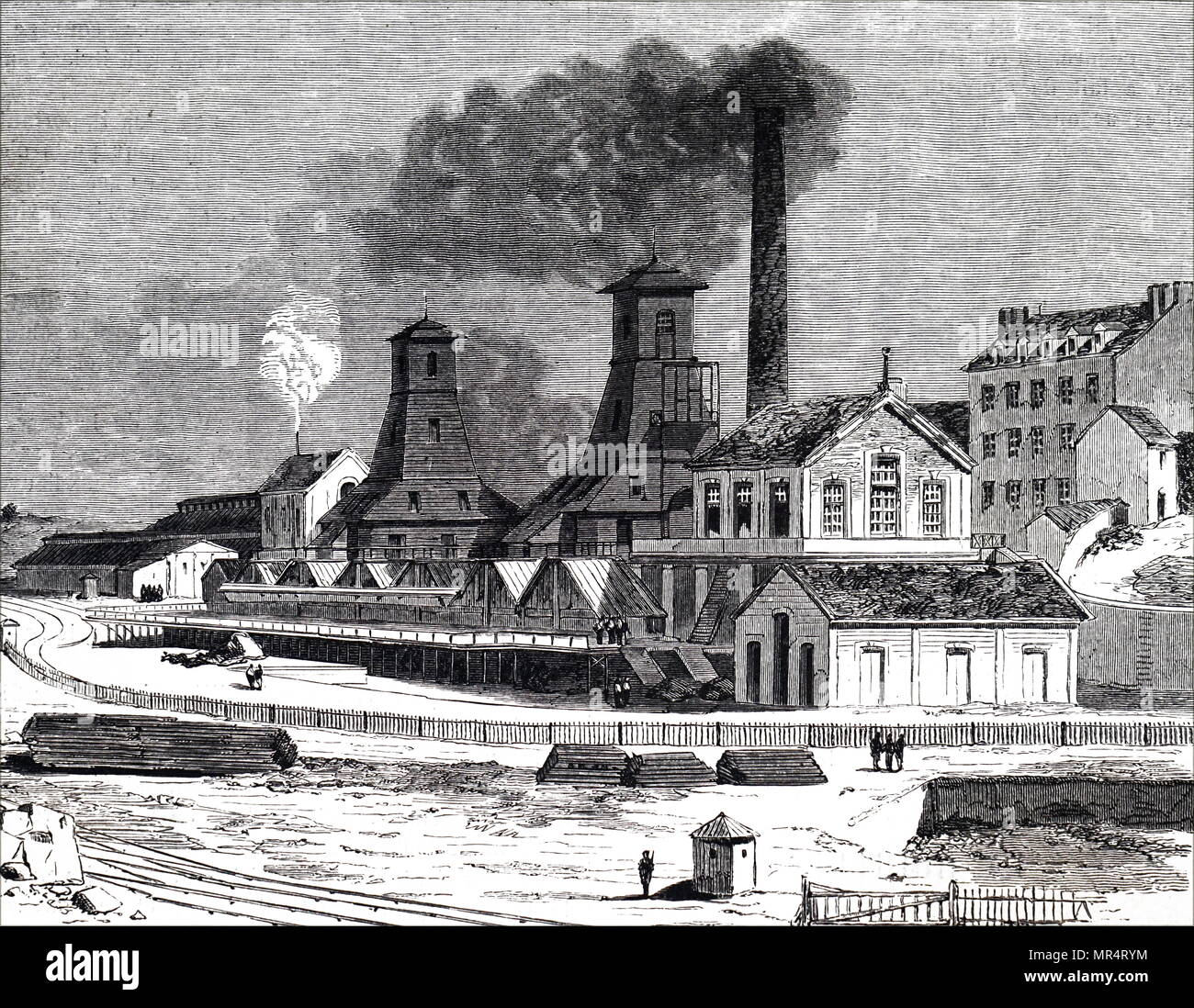 Incisione raffigurante una vista di San Pietro e di San Paolo box a Le Creusot campo di carbone , a sud-est della Francia. Datata del XIX secolo Foto Stock