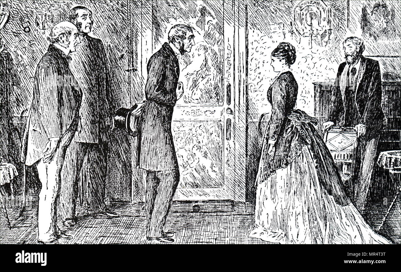 Incisione raffigurante una scena di Wilkie Collins 'Moonstone' - il sergente Cuff interviste Rachel Verrinder la mattina dopo il furto della Pietra di luna. Illustrato da George du Maurier (1834-1896) un fumettista franco-britannica e l'autore. Wilkie Collin (1824-1889) un inglese un romanziere, drammaturgo e breve storia scrittore. Datata del XIX secolo Foto Stock