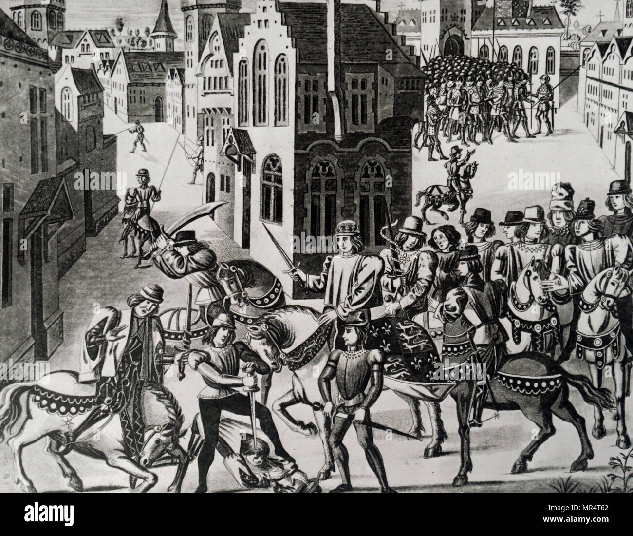 Incisione raffigurante William Walworth sorprendente Wat Tyler come egli parla di Richard II a Smithfield. Tyler è stato preso a San Bartolomeo del Ospedale, ma Walworth lui aveva trascinato fuori e decapitato. Sir William Walworth (d. 1385), è stato due volte sindaco di Londra, meglio conosciuto per l'uccisione di Wat Tyler. Wat Tyler (1342-1381) leader del 1381 contadini' rivolta in Inghilterra. Richard II d'Inghilterra (1367-1400), re d'Inghilterra. Datata xvi secolo Foto Stock