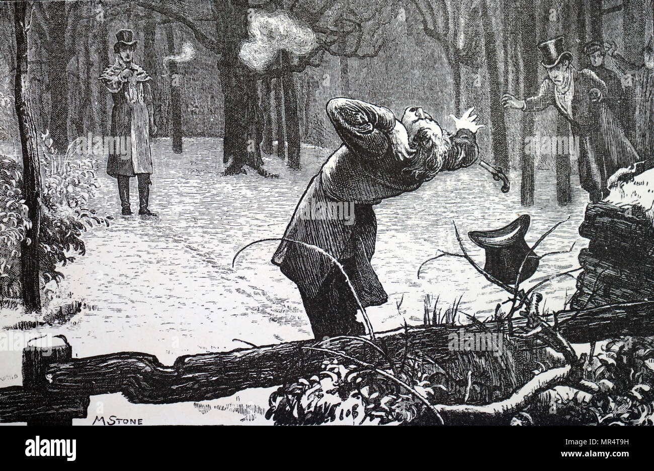Incisione raffigurante due uomini scontrarsi. Uno degli avversari è ferito nell'orecchio. Datata del XIX secolo Foto Stock