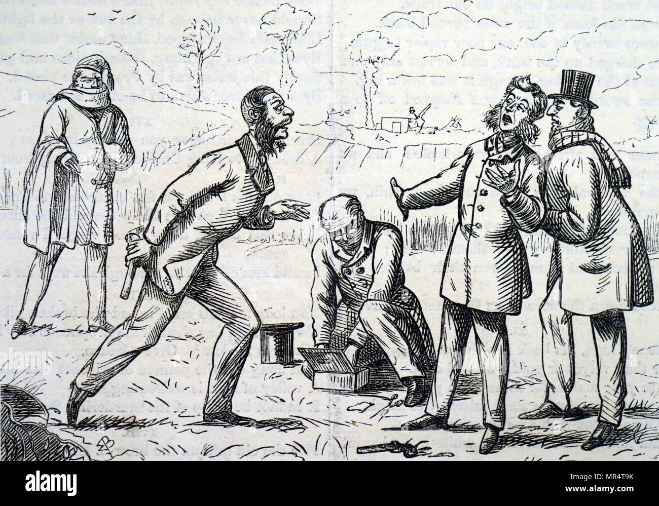 Cartoon raffigurante due litigi colleghi preparando al duello per risolvere la loro argomentazione. Datata del XIX secolo Foto Stock