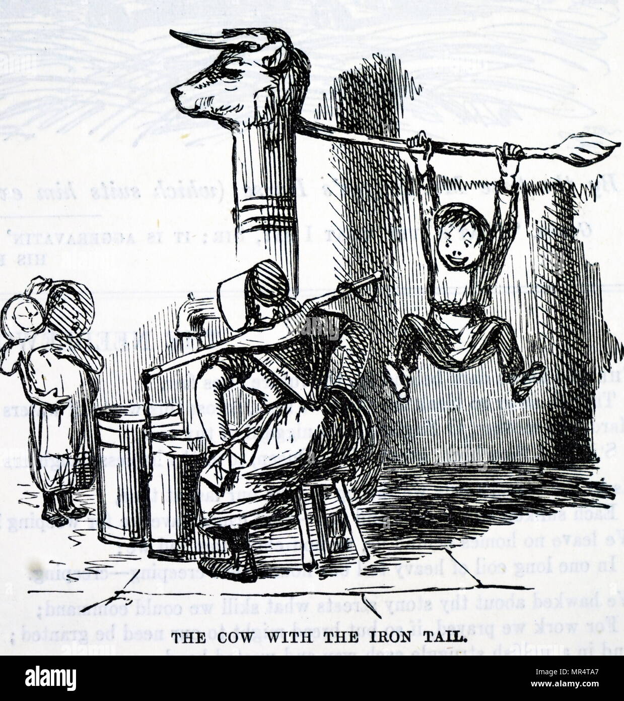 Cartoon intitolato " La mucca con la coda di ferro". Latte di irrigazione era una pratica comune al momento, soprattutto nelle grandi città. Datata del XIX secolo Foto Stock