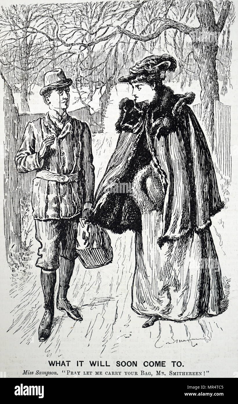Cartoon commentando i comportamenti della donna moderna. Illustrato da George du Maurier (1834-1896) un fumettista franco-britannica e l'autore. Datata del XIX secolo Foto Stock Cartoon commentando i comportamenti della donna moderna. Illustrato da George du Maurier (1834-1896) un fumettista franco-britannica e l'autore. Datata del XIX secolo Foto Stock