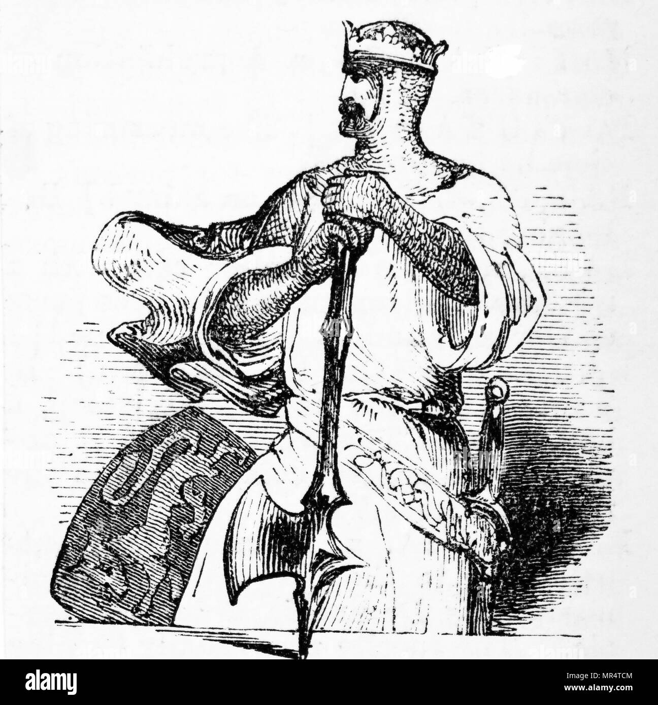 Woodblock incisione raffigurante un guerriero normanno armato di ascia di guerra. Datata del XIX secolo Foto Stock