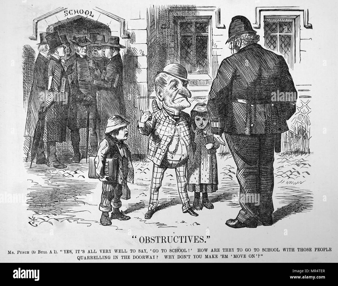 Cartoon raffigurante il signor Punch appellandosi a John Bull, che è vestito come un poliziotto, chiedendogli di cancellare il sostenendo i rappresentanti della scuola porta in modo che i bambini hanno potuto ottenere con la loro istruzione. Foster's Istruzione elementare Bill passato Febbraio 1870 e ha ricevuto il royal parere conforme in data 9 agosto. Questo ha consentito l'istruzione religiosa con il consenso dei genitori, e la lettura della Bibbia, ma non i catechismi o settario formule. Illustrato da John Tenniel (1820-1914) un illustratore inglese, UMORISTA GRAFICO E fumettista politico. Datata del XIX secolo Foto Stock