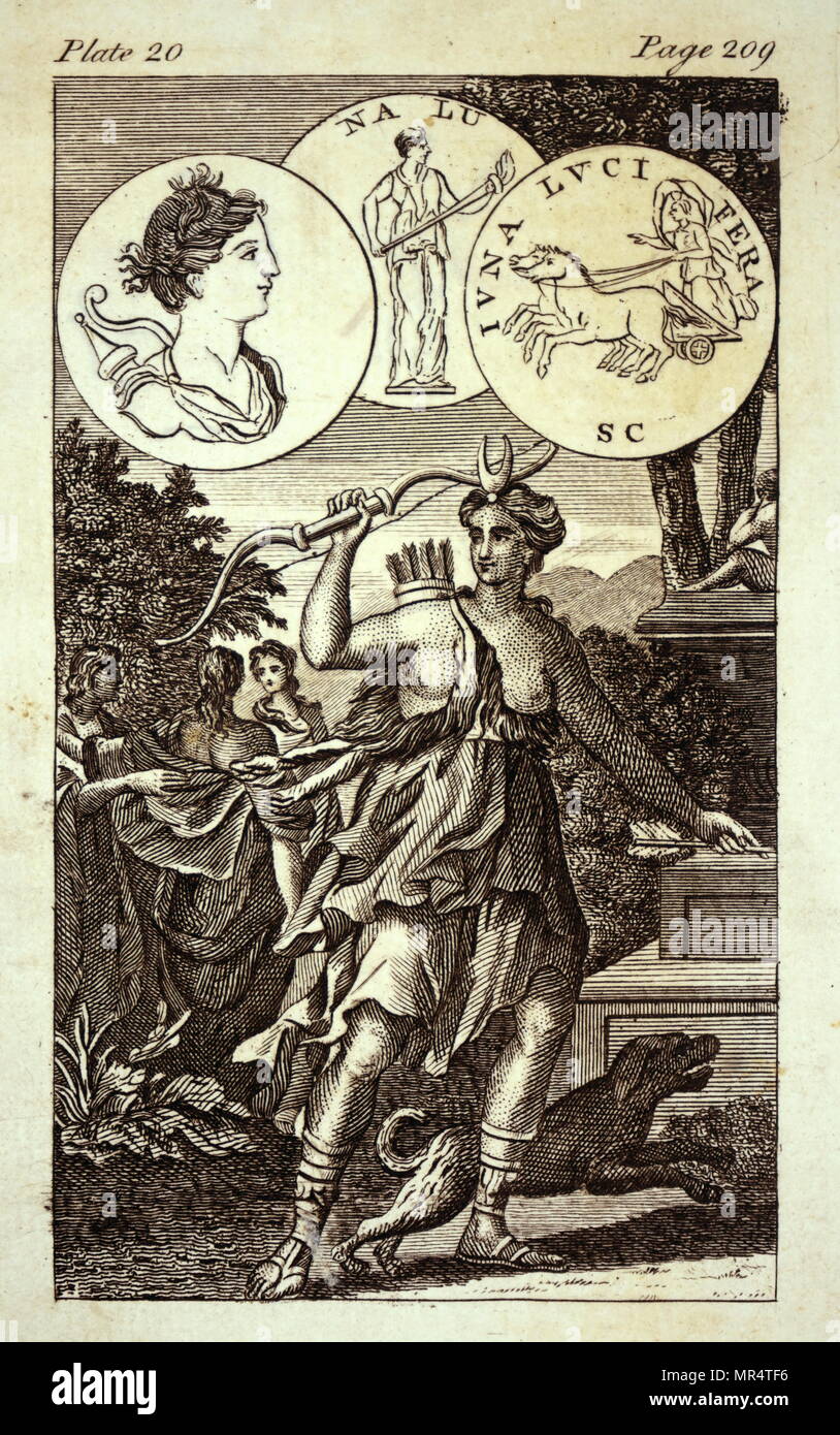 Incisione raffigurante l'antica dea romana Diana. Diana era la dea della caccia, la luna e la Incisione raffigurante l'antica dea romana Diana. Diana era la dea della caccia, la luna e la