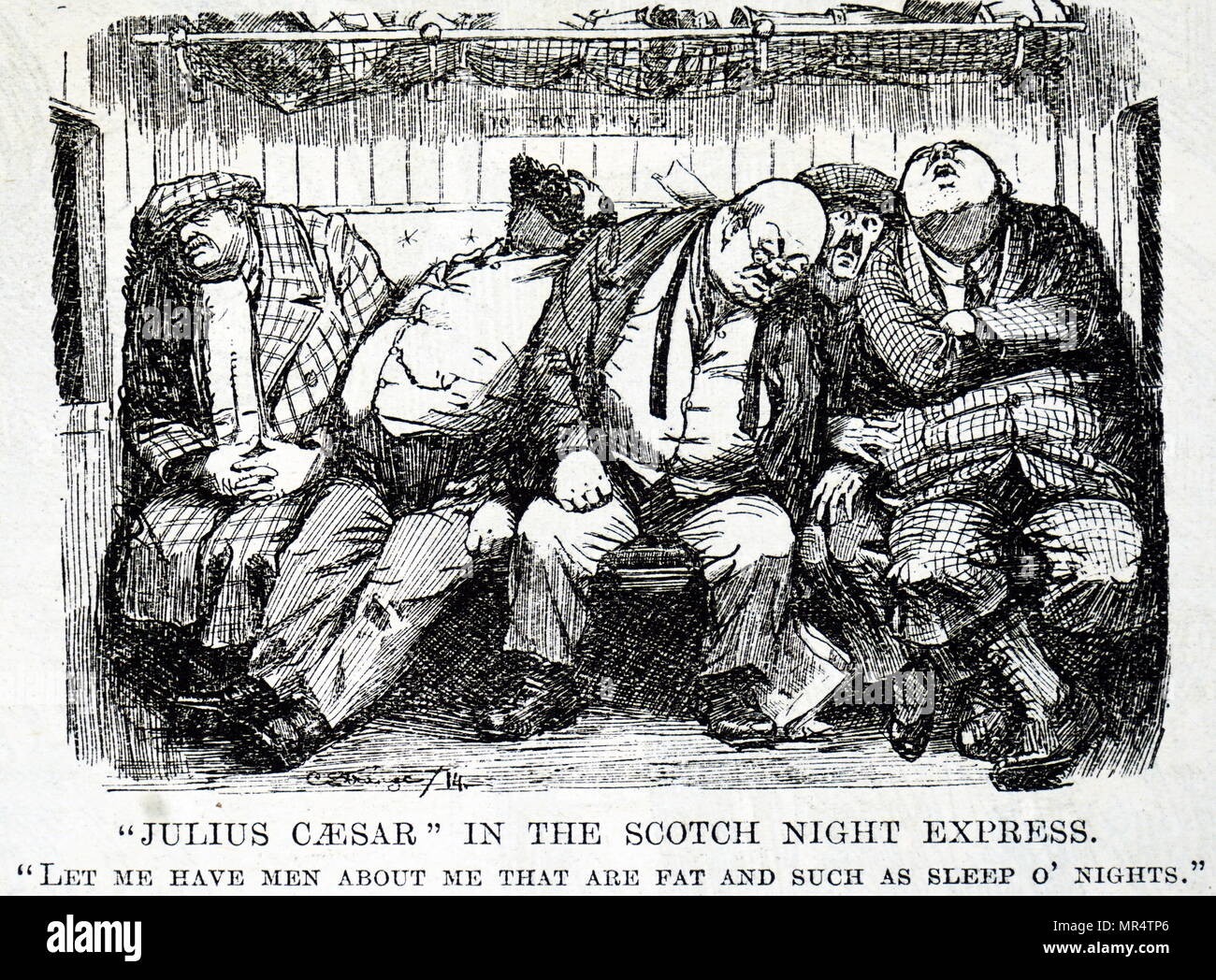 Cartoon commentando la mancanza di comfort sul trasporto per ferrovia - un magro gentleman è schiacciata tra gli altri passeggeri di grasso. Di seguito è riportato un preventivo da Julius Caesar "fatemi avere uomini su di me che sono grasso e come sospensione o'notti'. Datata del XIX secolo Foto Stock