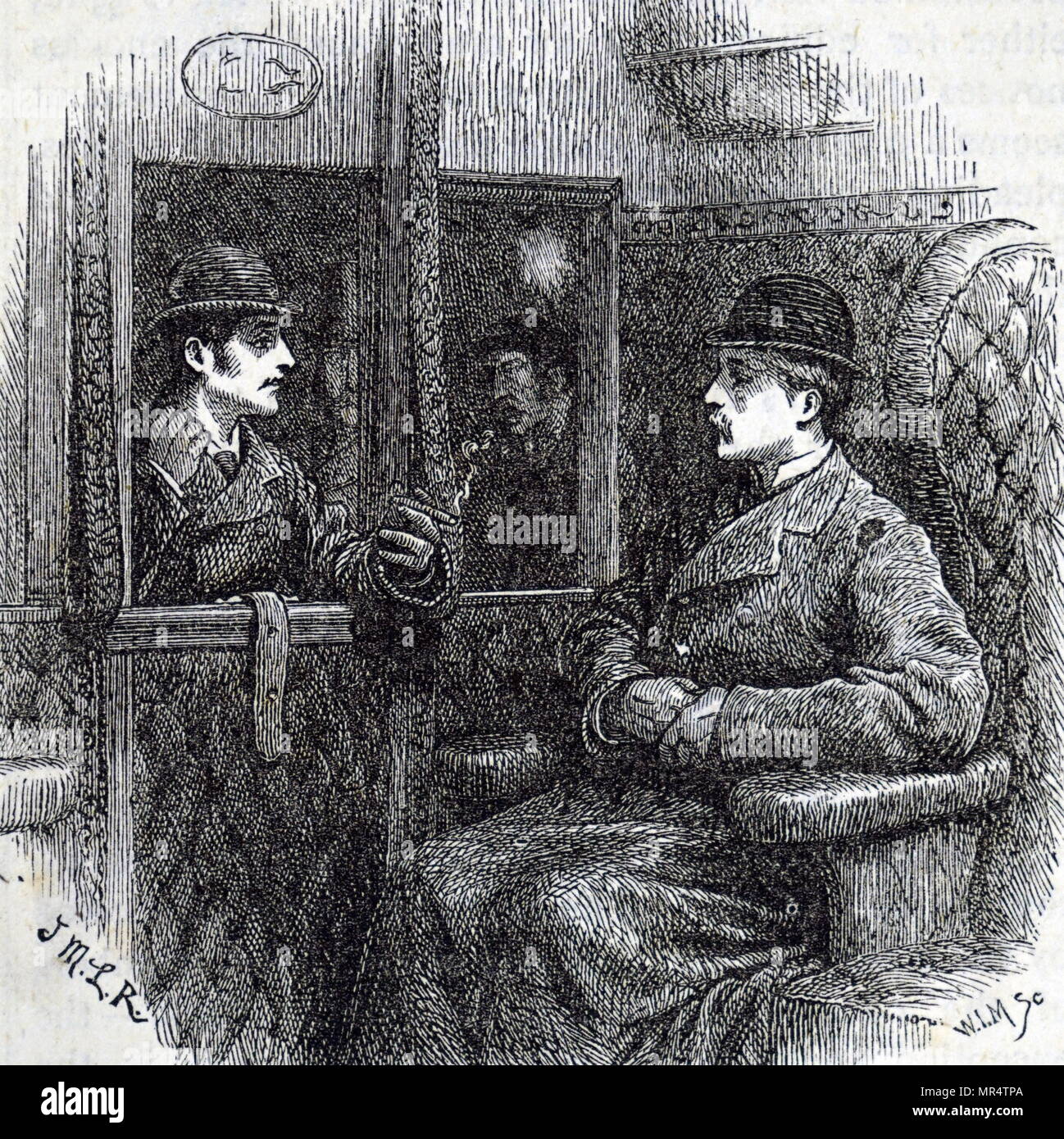 Incisione raffigurante un passeggero maschio in un vagone ferroviario che parla al suo amico che sta sulla piattaforma esterna. Datata del XIX secolo Foto Stock