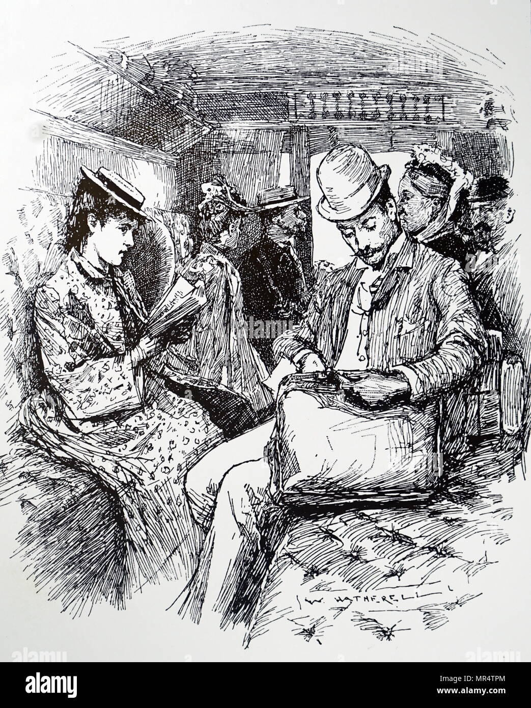 Incisione raffigurante i passeggeri in un First-Class carrozza ferroviaria. Datata del XIX secolo Foto Stock