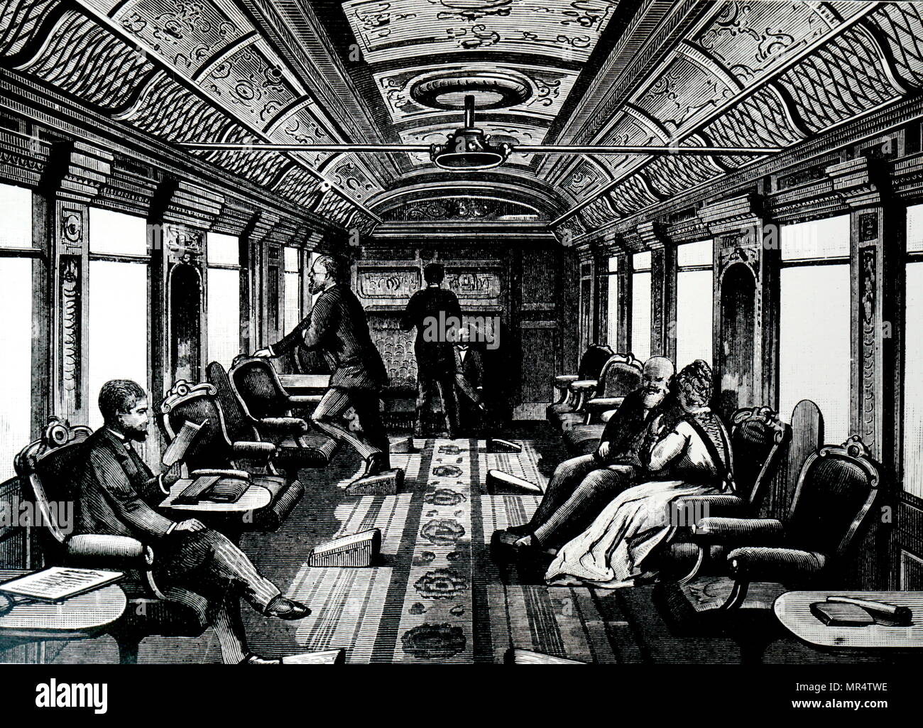 Incisione raffigurante l'interno di un automobile berlina sull'Orient Express. L'Orient Express è stata una lunga distanza treno passeggeri servizio creato nel 1883 dalla Compagnie internationale des wagons-lits. Datata del XIX secolo Foto Stock