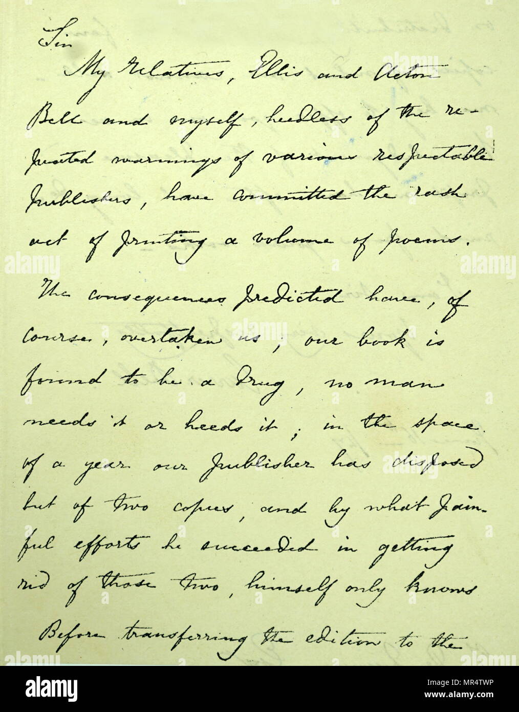 Facsimile di una lettera da Charlotte Brontë a Thomas De Quincey firmato sotto la sua penna nome Currer Bell. Charlotte Brontë (1816-1855) un romanziere inglese e poeta. Thomas De Quincey (1785-1859) un inglese un saggista, meglio conosciuta per le sue Confessioni di un Italiano Opium-Eater. Datata del XIX secolo Foto Stock