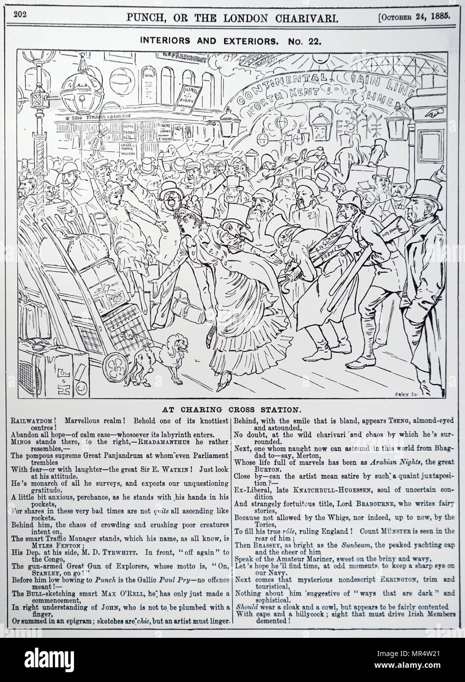 Cartoon raffigurante il caotico stato della stazione di Charing Cross. Illustrato da Harry Furniss (1854-1925) un artista irlandese e illustrator. Datata del XIX secolo Foto Stock