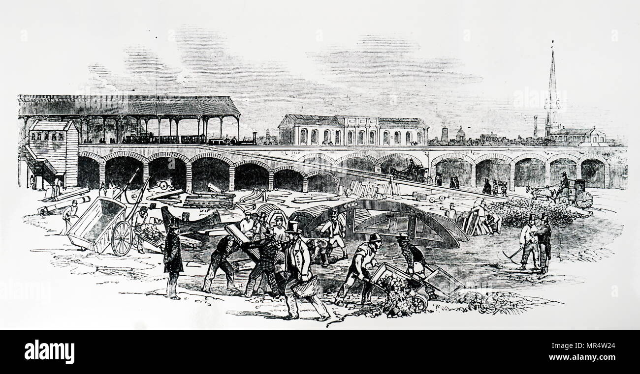 Incisione raffigurante il prolungamento del South Western Railway a Waterloo Bridge - la stazione di Waterloo, York Road, Londra. La linea è stabilito da Joseph Locke in 1844. Joseph Locke (1805-1860) un notevole inglese ingegnere civile. Datata del XIX secolo Foto Stock