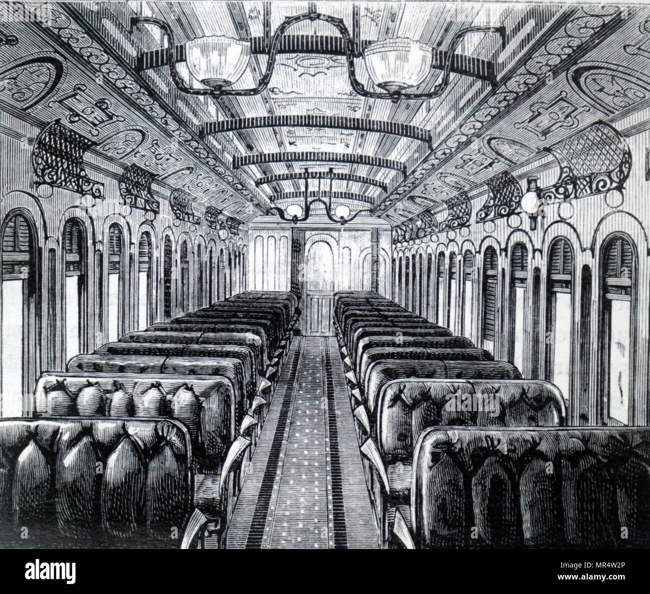 Incisione raffigurante l'interno di un tipico american vettura ferroviaria. Datata del XIX secolo Foto Stock