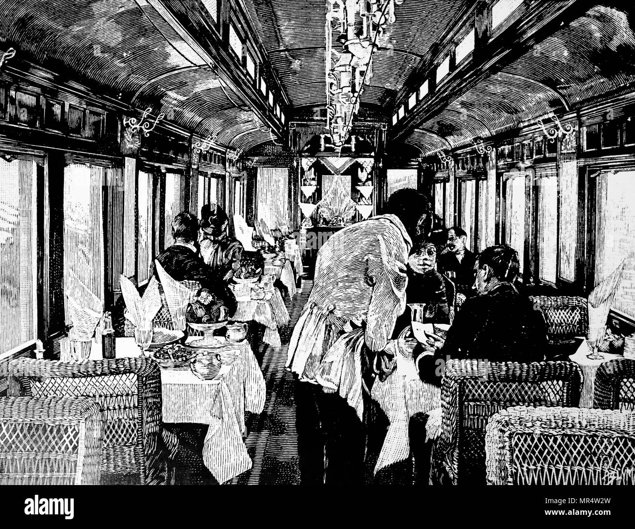 Incisione raffigurante una carrozza ristorante di Chicago, Burlington & Quincy Railroad. Datata del XIX secolo Foto Stock