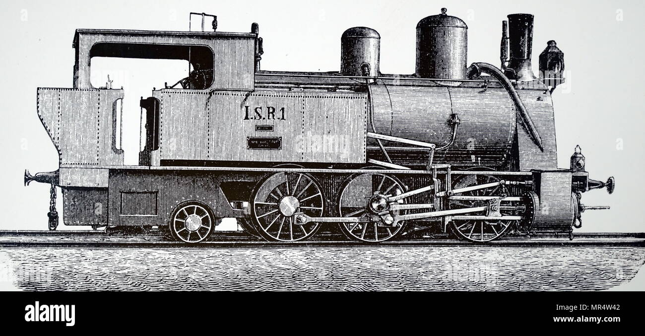 Incisione raffigurante una locomotiva a vapore utilizzati per Roman Abt rack del sistema ferroviario. Carl Abt romana (1850-1933) a Swiss ingegnere meccanico, Inventore e imprenditore. Datata del XIX secolo Foto Stock