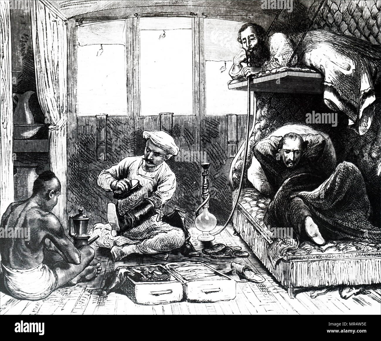 Incisione raffigurante l'interno di un treno indiano. Datata del XIX secolo Foto Stock