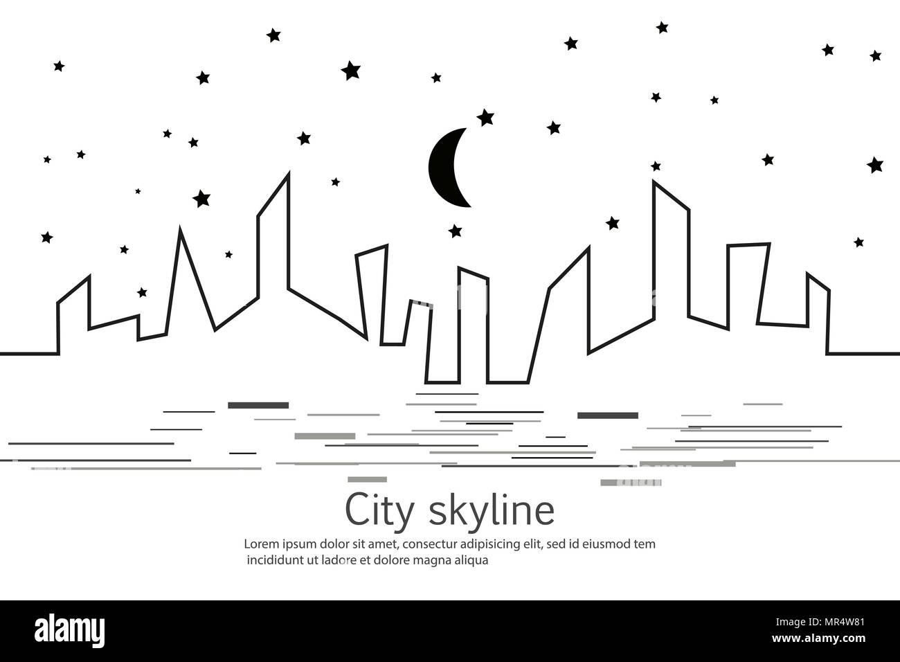 La silhouette della città e la stella e la luna in uno stile piatto. Moderno paesaggio urbano. Illustrazioni vettoriali. Città grattacieli Ufficio edilizia orizzonte.rappresentazione in linea continua. Linea del vettore. Figure geometriche con l'effetto di movimento Illustrazione Vettoriale