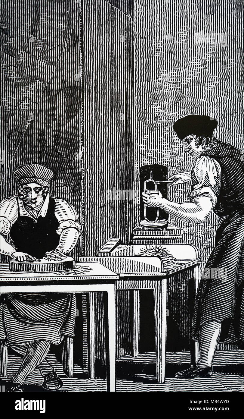 Illustrazione raffigurante un tipo-fondatore del negozio a Londra. Datata del XIX secolo Foto Stock