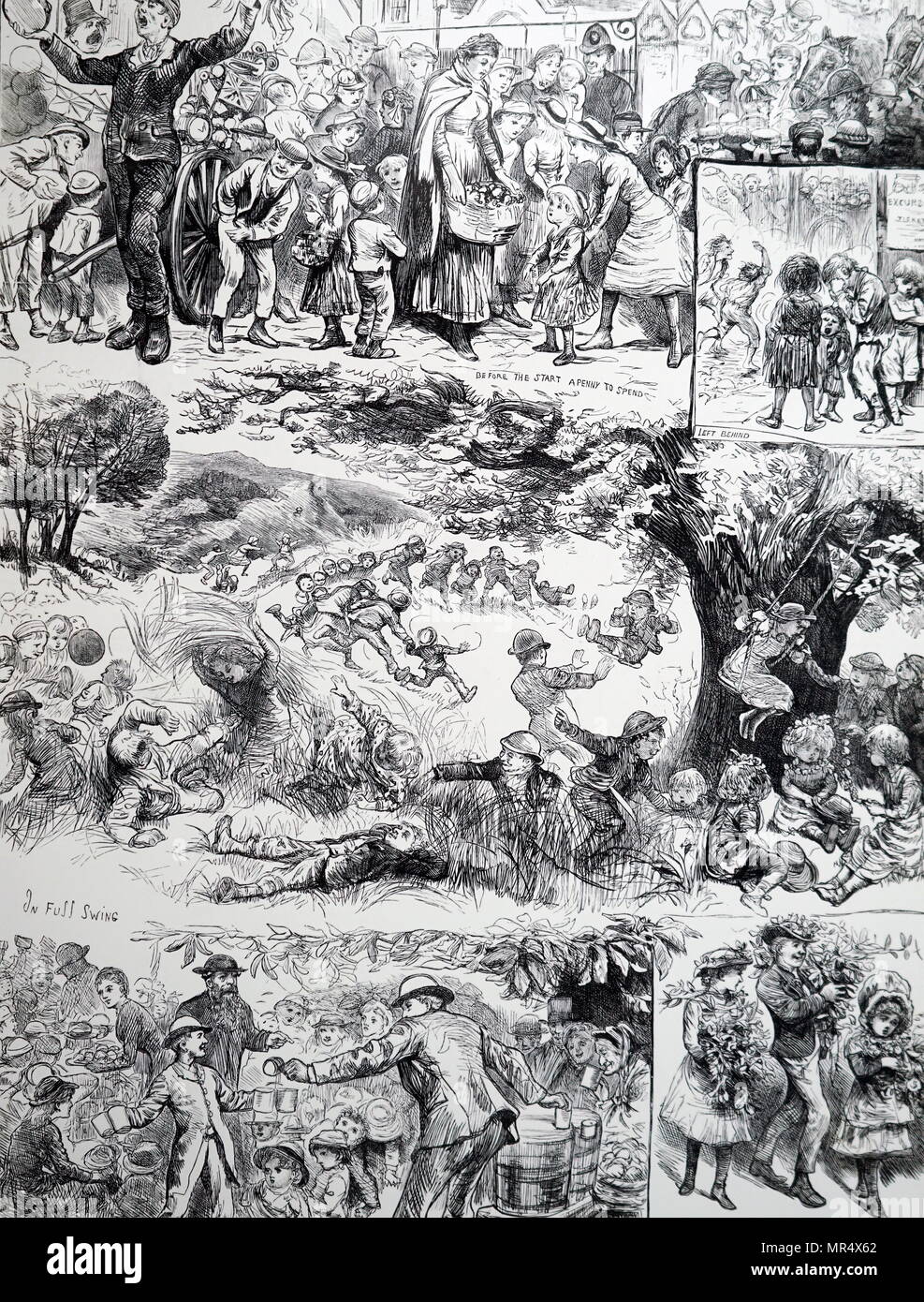 Illustrazione intitolata 'Un giorno nel paese': Londra bambini godendo una giornata fuori città in uno di Londra polmoni come la Foresta di Epping, Abbey Wood o Hampstead Heath. Illustrato da Harry Furniss (1854-1925) un Irish-nato artista inglese e illustrator. Datata del XIX secolo Foto Stock