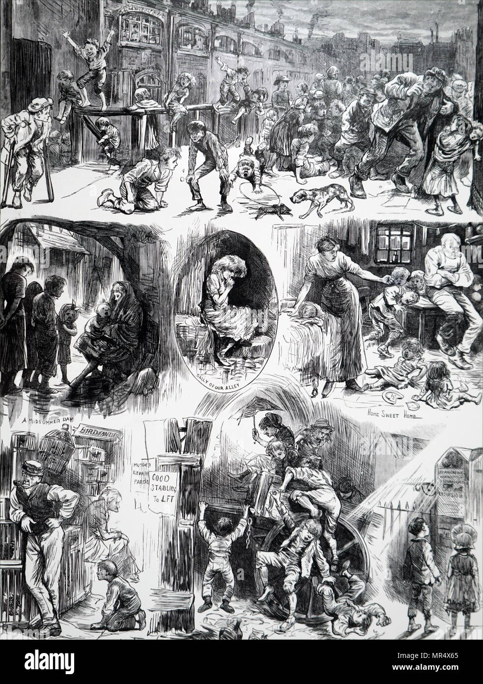 Illustrazione intitolata 'Una giornata in citta': bambini nei quartieri più poveri di Londra. Illustrato da Harry Furniss (1854-1925) un Irish-nato artista inglese e illustrator. Datata del XIX secolo Foto Stock