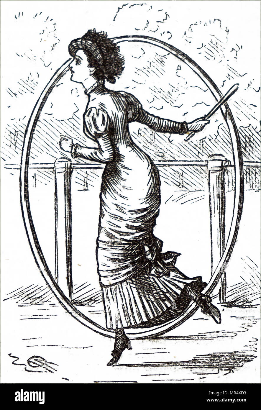 Illustrazione raffigurante una giovane donna che gioca con un cerchio e stick. Datata del XIX secolo Foto Stock