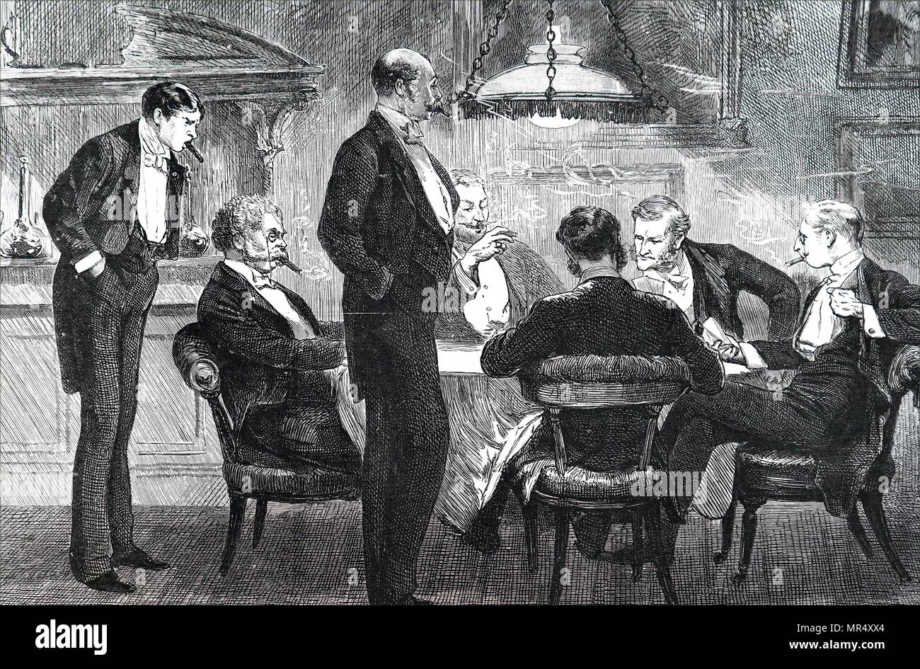 Illustrazione raffigurante colleghi presso la scheda tabella fumatori di sigari. Datata del XIX secolo Foto Stock