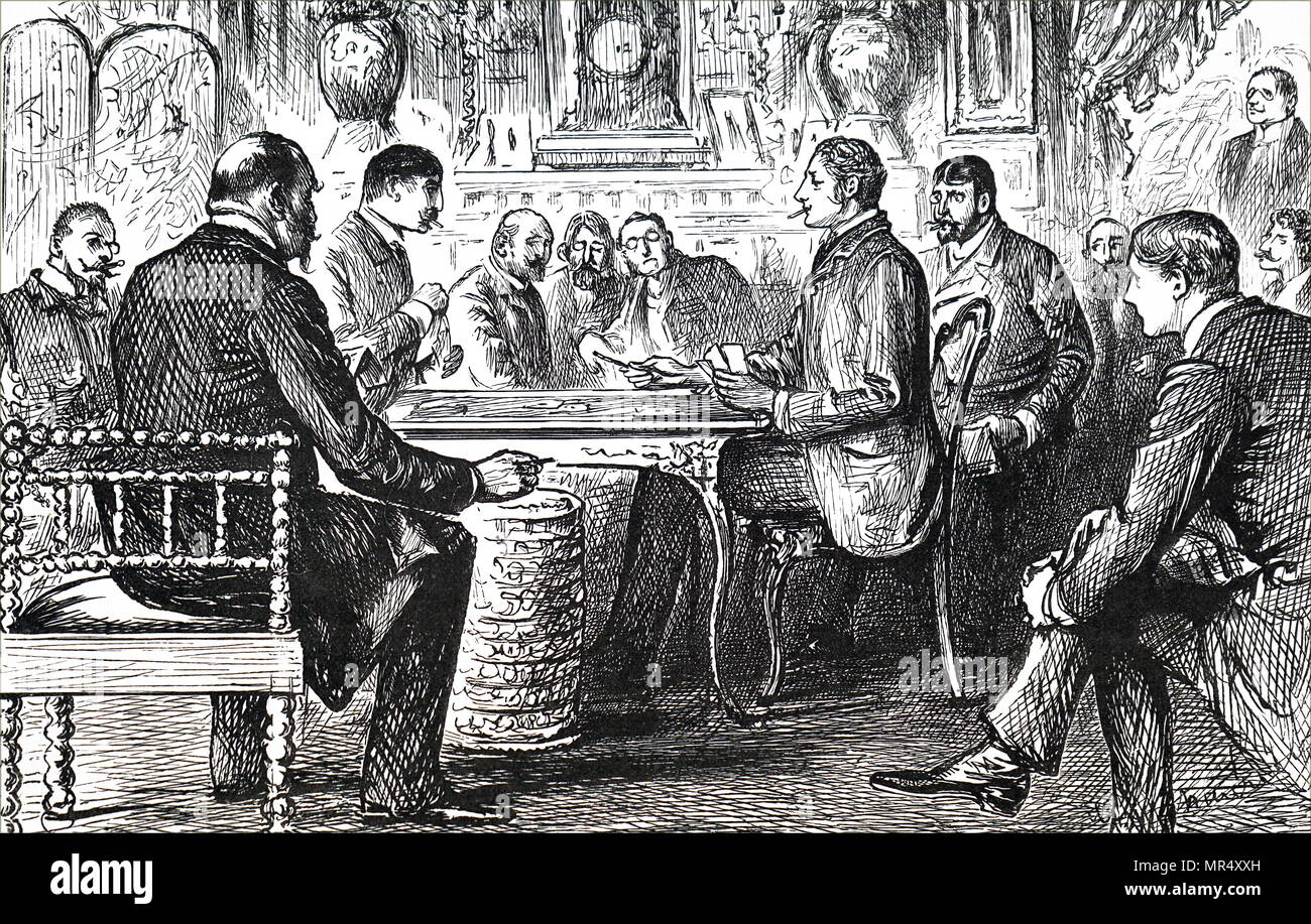 Illustrazione raffigurante colleghi presso la scheda tabella fumatori di sigari. Datata del XIX secolo Foto Stock