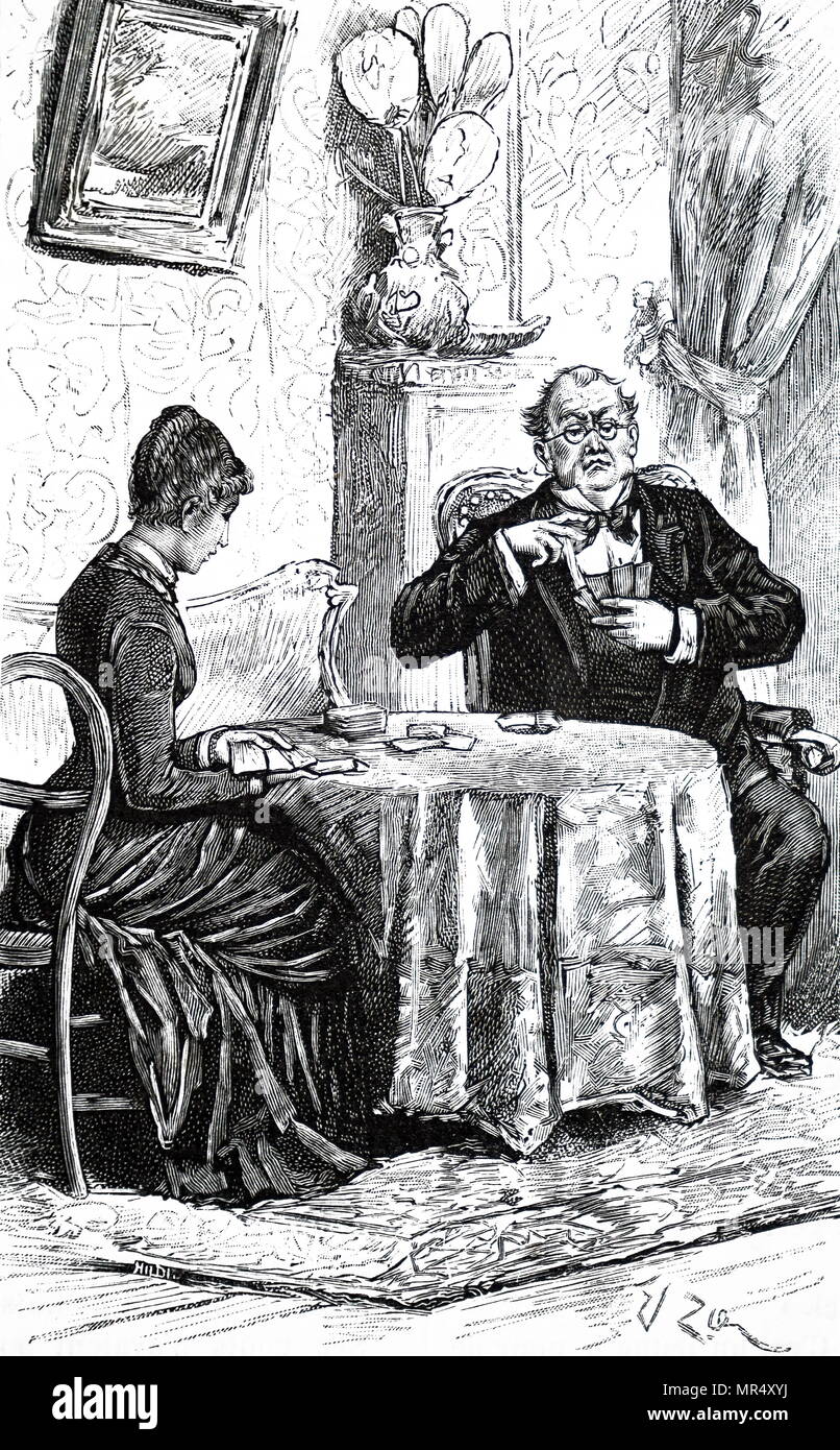 Illustrazione raffigurante un uomo e una donna a giocare a carte in salotto. Datata del XIX secolo Foto Stock
