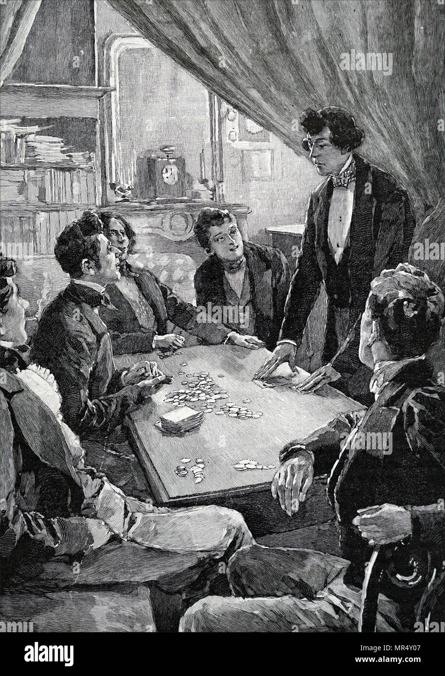 Illustrazione raffigurante Uomini giocando a carte, in primo piano una giovane donna versa il tè. Datata del XIX secolo Foto Stock