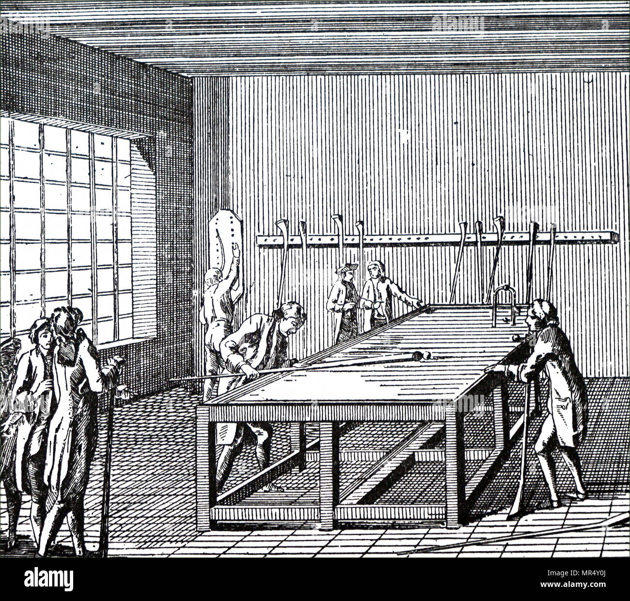 Illustrazione raffigurante un gioco di biliardo. Datata del XIX secolo Foto Stock