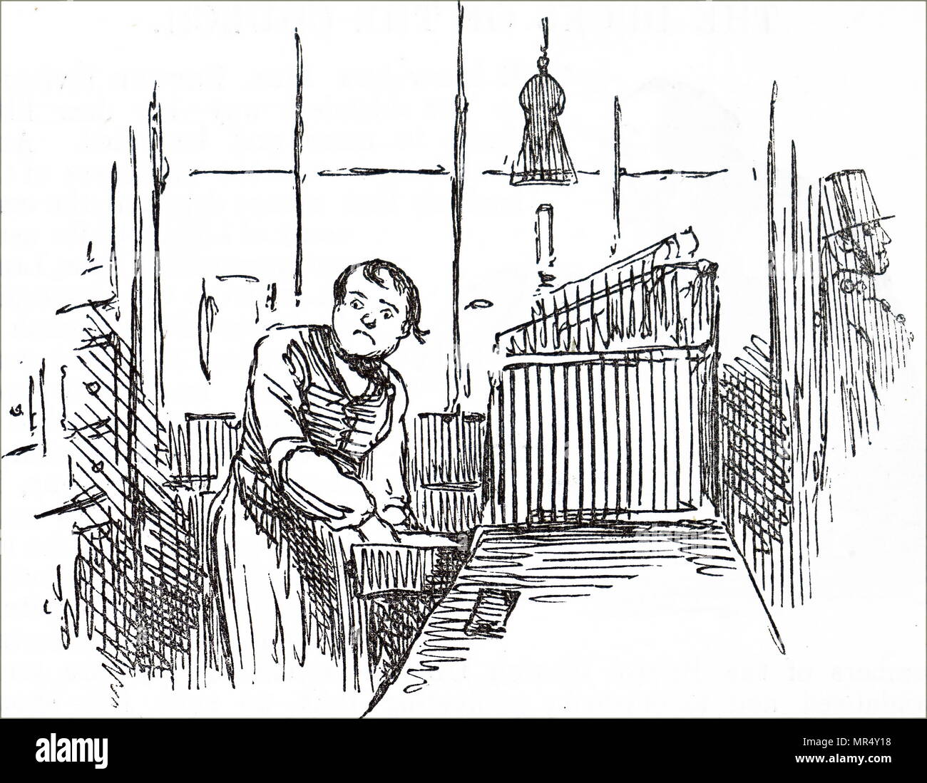 Cartoon raffigurante una commessa essendo di rubare i soldi dalla cassa. Datata del XIX secolo Foto Stock